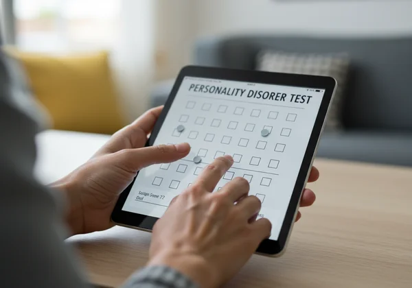 A person takes an online personality disorder test on a tablet.
