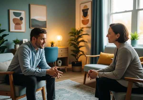 Person talking to a therapist, representing professional help