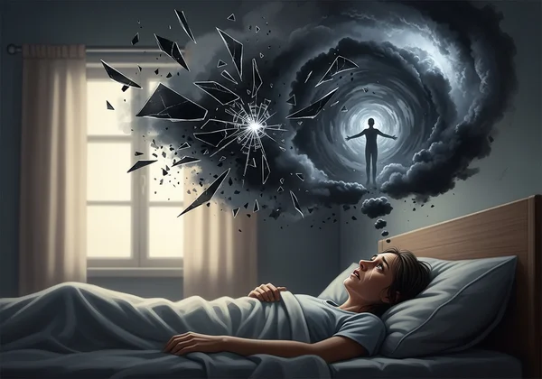 Person in bed with anxious thoughts about abandonment